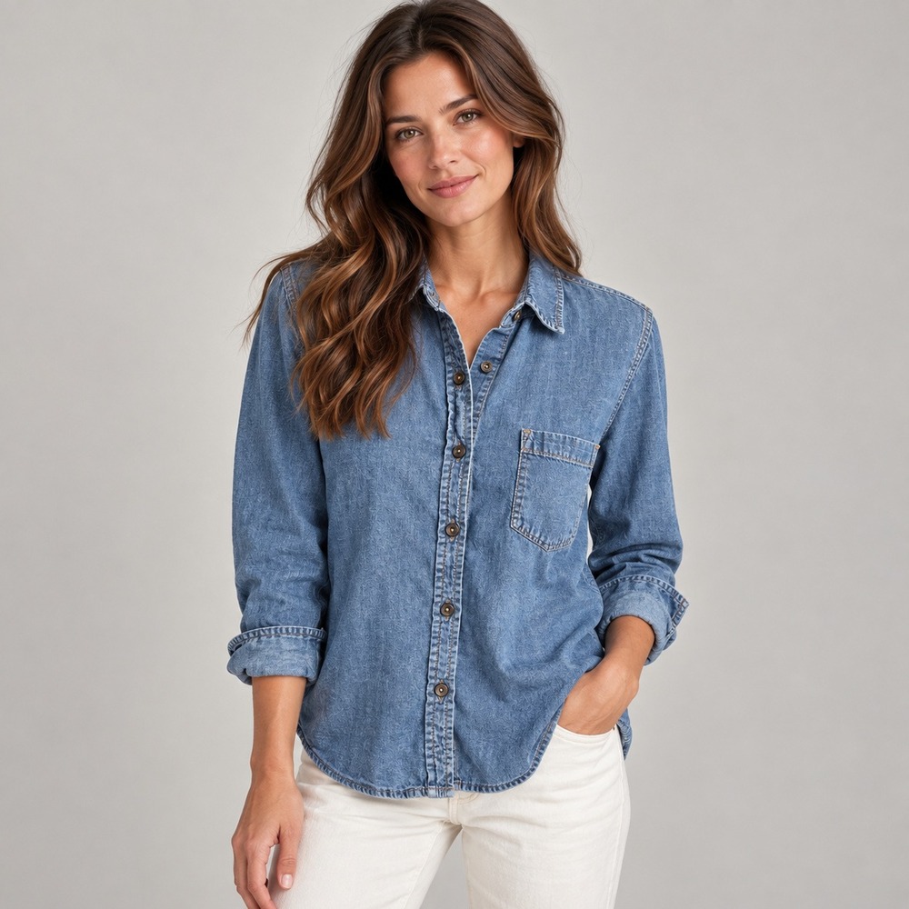 THE GREAT. Women Medium Wash Denim Button Down Shirt 100% Cotton Size 0